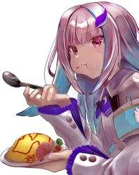 Rule 34 | 1girl, :t, asusua02, bad id, bad twitter id, chewing, eating, food, food on face, hair ornament, hairclip, highres, holding, holding spoon, lize helesta, long hair, long sleeves, nijisanji, omelet, omurice, puffy cheeks, purple eyes, silver hair, solo, spoon, virtual youtuber