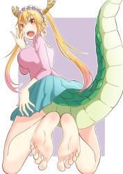 Rule 34 | 10s, 1girl, barefoot, blonde hair, breasts, dragon girl, dragon horns, dragon tail, feet, foot focus, highres, horns, kobayashi-san chi no maidragon, large breasts, leafar, long hair, looking at viewer, open mouth, slit pupils, smile, soles, solo, tail, toes, tohru (maidragon), twintails