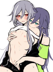 Rule 34 | 2girls, alternate hairstyle, bare shoulders, bite mark, bite mark on shoulder, biting, biting shoulder, black shorts, blue eyes, blue hair, blush, breasts, casual, clothes lift, eyeliner, fu hua, fu hua (herrscher of sentience), fu hua (night squire), fu hua (spring traveler), green shirt, grey hair, hair between eyes, hand on another&#039;s chest, hand on another&#039;s crotch, honkai (series), honkai impact 3rd, long hair, looking at another, makeup, mons pubis, multicolored hair, multiple girls, navel, nipples, off-shoulder shirt, off shoulder, official alternate costume, parted lips, red eyeliner, red eyes, shirt, shirt lift, short shorts, shorts, simple background, small breasts, spaghetti strap, stomach, streaked hair, sweat, white background, white hair, yellow pupils, yunomi (yunomi hs)