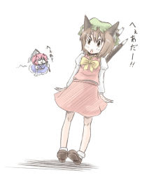Rule 34 | 2girls, ameimo, animal ears, brown hair, cat ears, cat girl, cat tail, chen, chibi, earrings, female focus, hat, jewelry, multiple girls, multiple tails, onozuka komachi, pink hair, short hair, tail, touhou, translation request