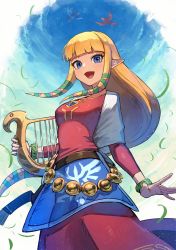Rule 34 | 1girl, :d, belt, blonde hair, blue eyes, blue sky, blush, breasts, cape, cowboy shot, day, dress, highres, kuroi susumu, loftwing, long hair, long sleeves, looking at viewer, lyre, medium breasts, nintendo, open mouth, outdoors, pink dress, pointy ears, princess zelda, sidelocks, sky, smile, solo, the legend of zelda, the legend of zelda: skyward sword, very long hair, white cape