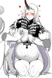 Rule 34 | 1boy, abyssal ship, breasts, breasts squeezed together, claws, colored skin, dress, hetero, highres, horns, kantai collection, kuuneru (ojigi), large breasts, long hair, looking at viewer, pale skin, pregnant, red eyes, ribbed dress, seaport princess, short dress, single horn, sweater, sweater dress, very long hair, white hair, white skin