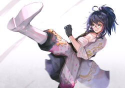 Rule 34 | 1girl, advarcher, black coat, black gloves, boots, breasts, chest sarashi, cleavage, coat, commentary request, foot out of frame, glasses, gloves, high ponytail, highres, kicking, kson, large breasts, leg up, medium hair, multicolored coat, open clothes, open coat, pants, ponytail, purple hair, red-framed eyewear, sarashi, semi-rimless eyewear, simple background, sleeves past elbows, smile, solo, souchou, standing, standing on one leg, two-tone coat, under-rim eyewear, virtual youtuber, vshojo, white background, white coat, white footwear, white pants