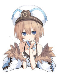 Rule 34 | absurdres, bare shoulders, blanc (neptunia), blue eyes, breasts, brown hair, buran buta, coat, dress, hair between eyes, hat, highres, neptune (series), open mouth, ribbon, short hair, shy, simple background, small breasts, solo, white background