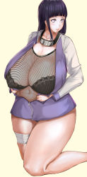 Rule 34 | 1girl, black hair, blush, bra, breasts, cleavage, covered navel, huge breasts, hyuuga hinata, kneeling, long hair, looking at viewer, naruto, naruto (series), naruto shippuuden, open clothes, plump, purple eyes, sagging breasts, seinto (metameter), smile, solo, thick thighs, thighs, underwear