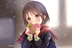 Rule 34 | 1girl, arms up, artist name, bad id, bad pixiv id, bag, black hair, blue jacket, blurry, blurry background, blush, box, brown eyes, carrying, covering own mouth, depth of field, enpera, head tilt, heart-shaped box, jacket, looking at viewer, medium hair, original, plaid, plaid scarf, scarf, school bag, shoulder carry, sleeves past wrists, snowing, solo, standing, sweater, upper body, utaka (anyoanyot), valentine, white sweater