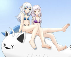 Rule 34 | 2girls, alternate costume, barefoot, bikini, blue background, blue bikini, blue eyes, blue hair, blue nails, blunt bangs, breasts, character request, closed mouth, commentary request, feet, gawr gura, green eyes, grey hair, hair ornament, highres, hololive, hololive english, legs, light purple hair, looking at viewer, multicolored hair, multiple girls, murasaki shion, nail polish, navel, open mouth, orange eyes, purple bikini, purple nails, shark hair ornament, sidelocks, sitting, small breasts, soles, spread toes, streaked hair, swimsuit, tamagotozi3420, thighs, toenail polish, toenails, toes, twintails, twitter username, two-tone eyes, two side up, virtual youtuber