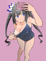 Rule 34 | arm up, bad id, bad twitter id, black hair, black one-piece swimsuit, blue eyes, blush, breasts, cellphone, cleavage, clothes pull, dungeon ni deai wo motomeru no wa machigatteiru darou ka, hair ornament, hestia (danmachi), highres, one-piece swimsuit, one-piece swimsuit pull, phone, pulled by self, purple background, sasamoto (7msaaxt6qto3joj), simple background, smile, solo, swimsuit, taking picture, tan, tanline, twintails