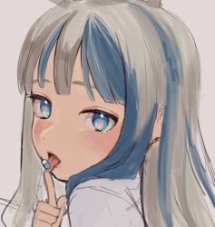 Rule 34 | 1girl, artist request, blue eyes, blue hair, blush, close-up, grey background, grey hair, index finger raised, long hair, multicolored eyes, multicolored hair, nyalra (author), original, pill, pill on tongue, pink pupils, simple background, sketch, solo, two-tone hair, upper body
