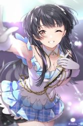Rule 34 | 1girl, ;d, armpits, asymmetrical shirt, black hair, blurry, bokeh, breasts, cleavage, collarbone, cowboy shot, depth of field, detached collar, display board, floating hair, foreshortening, gloves, grin, hair ribbon, hand on own chest, highres, idol, idolmaster, idolmaster shiny colors, layered skirt, looking at viewer, mayuzumi fuyuko, medium breasts, one eye closed, open mouth, reaching, reaching towards viewer, ribbon, skirt, smile, solo, stage, sweatdrop, takeko spla, two side up, white gloves