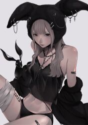 Rule 34 | 1girl, 2023, absurdres, animal, animal hat, bandaged leg, bandages, bandaid, black eyes, black hat, black panties, black tank top, blonde hair, closed mouth, cross, cross necklace, hat, highres, jewelry, looking at viewer, mano aaa, midriff, navel, necklace, original, panties, piercing, rabbit, rabbit hat, solo, tank top, tattoo, underwear