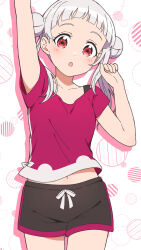 Rule 34 | 1girl, :o, arashi chisato, arm up, black shorts, blunt bangs, blush, collarbone, commentary request, double bun, hair bun, highres, jenny (artist), looking at viewer, love live!, love live! superstar!!, midriff peek, navel, pink shirt, red eyes, shirt, short sleeves, shorts, solo, standing, upper body, white hair