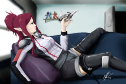 Rule 34 | 10s, 1girl, 2016, action figure, blue eyes, breasts, canards, couch, door, falconkpd, gunpod, highres, jacket, jenius mirage, lying, macross, macross delta, mecha, model kit, pillow, playing, pointy ears, purple hair, robot, room, serious, shelf, signature, solo, thinking, toy, uniform, variable fighter, vf-1, vf-31, window