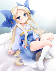 Rule 34 | 1girl, anbee (arary), arm support, asakaze (kancolle), between legs, blonde hair, blue bow, blue eyes, blue kimono, blue skirt, blush, bow, breasts, breath, empty eyes, female focus, female masturbation, full body, hair bow, hakama, hakama short skirt, hakama skirt, hand between legs, happy, highres, japanese clothes, kantai collection, kimono, kneehighs, long hair, long sleeves, looking at viewer, masturbation, on bed, open mouth, panties, peeing, peeing self, puddle, side slit, skirt, small breasts, smile, socks, solo, steam, sweat, tears, underwear, very long hair, wet, wet clothes, white panties, white socks