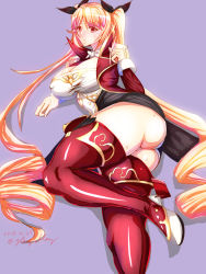 Rule 34 | 1girl, ass, azur lane, black ribbon, blonde hair, boots, breasts, cleavage, curvy, dress, covered erect nipples, frown, hair ribbon, highres, jacket, large breasts, long hair, lying, nelson (azur lane), on side, red eyes, red footwear, red jacket, ribbon, solo, sweat, tagme, thick thighs, thigh boots, thighhighs, twintails, very long hair
