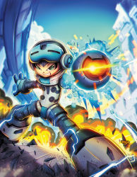 Rule 34 | 1boy, arm cannon, beck (mighty no. 9), cropped, electricity, explosion, green eyes, helmet, male focus, md5 mismatch, mighty no. 9, resolution mismatch, rob duenas, robot, solo, source smaller, weapon