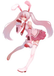 Rule 34 | 1girl, absurdres, animal ears, boots, detached sleeves, hatsune miku, highres, long hair, mittens, necktie, pink hair, rabbit, rabbit ears, red eyes, red mittens, simple background, skirt, smile, sola7764, solo, thigh boots, thighhighs, twintails, very long hair, vocaloid, white background