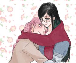 Rule 34 | alternate costume, anne (path to nowhere), black hair, braid, floral background, glasses, head on another&#039;s shoulder, hug, iron (path to nowhere), jrnc23, long hair, path to nowhere, pink hair, prosthesis, prosthetic arm, red scarf, scar, scar across eye, scarf, yuri