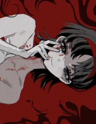 Rule 34 | 1girl, bare shoulders, black eyes, black hair, blood, blood on face, closed mouth, hairband, hand on own cheek, hand on own face, hand up, kirigoe mima, looking at viewer, parted bangs, perfect blue, red background, red hairband, short hair, sideways, smile, solo, tabun ningen, upper body