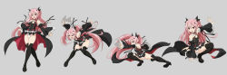 Rule 34 | 10s, 1girl, fangs, female focus, gothic lolita, grey background, highres, krul tepes, lolita fashion, miniskirt, multiple views, no bra, owari no seraph, panties, pointy ears, red eyes, simple background, sitting, skirt, solo, squatting, standing, thighhighs, two side up, underwear, vampire, white panties