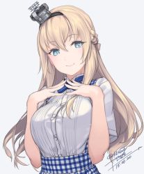 Rule 34 | 1girl, 2018, alternate costume, apron, artist name, black headband, blonde hair, blouse, blue background, blue bow, blue bowtie, blue dress, blue eyes, bow, bowtie, braid, breasts, closed mouth, crown, dated, dress, fingers together, french braid, gingham apron, hair between eyes, headband, kantai collection, large breasts, long hair, looking at viewer, mini crown, plaid, plaid dress, rokuwata tomoe, shirt, sidelocks, simple background, skirt, smile, solo, steepled fingers, suspender skirt, suspenders, twitter username, upper body, warspite (kancolle), white dress, white shirt