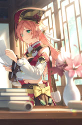 Rule 34 | 1girl, antlers, book, book stack, bow, breasts, bshi edayo, cleavage, closed mouth, crop top, detached sleeves, flower, from side, genshin impact, green eyes, hat, highres, holding, holding paper, horns, indoors, long hair, midriff, paper, pink hair, red hat, sidelocks, smile, solo, standing, sunlight, vase, wide sleeves, yanfei (genshin impact), yellow bow