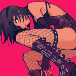 Rule 34 | black nails, boots, bra, chainsaw man, choker, corset, cross, cross-laced footwear, cross earrings, earrings, eyepatch, fingerless gloves, fishnets, gloves, goth fashion, green eyes, highres, himeno (chainsaw man), jewelry, lace-up boots, liowig, long glove, nail polish, pink background, red background, simple background, simple background, spiked boots, studded legwear, underwear
