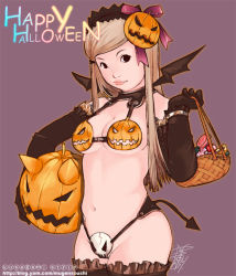 Rule 34 | 1girl, bad id, bad pixiv id, basket, bikini, black thighhighs, breasts, candy, cleavage, crotch plate, demon tail, elbow gloves, english text, food, gloves, halloween, happy halloween, jack-o&#039;-lantern, kusagami style, lips, lollipop, medium breasts, navel, original, purple background, revealing clothes, skull, solo, swimsuit, tail, thighhighs, watermark, web address