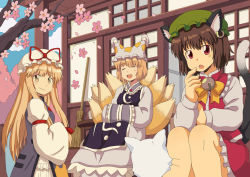 Rule 34 | 3girls, :o, = =, animal, animal ears, animal hat, bamboo broom, bell, blonde hair, bow, bowtie, broom, brown hair, cat, cat ears, cat girl, cat tail, chen, cherry blossoms, closed eyes, closed mouth, cloud, cowboy shot, day, dress, earrings, facing viewer, falling petals, feet out of frame, flower, fox girl, fox tail, frilled hat, frilled shirt collar, frills, from side, green headwear, hair bow, hair ribbon, hand on lap, hand to own mouth, hand up, hands in opposite sleeves, hat, hat bow, high collar, hoop earrings, house, jewelry, jingle bell, kitsune, kyuubi, long dress, long hair, long sleeves, looking at animal, looking at viewer, looking to the side, mandarin collar, mob cap, multiple girls, multiple tails, neck bell, nekomata, open mouth, outdoors, petals, pink flower, porch, puffy long sleeves, puffy sleeves, red bow, red eyes, red ribbon, red skirt, red vest, renzaoshen, ribbon, short hair, shouji, single earring, sitting, skirt, skirt set, sleeve garter, sliding doors, smile, stool, tabard, tail, tail raised, tassel, touhou, tree, tress ribbon, two tails, veranda, vest, white cat, white dress, white headwear, wide sleeves, wind, yakumo ran, yakumo yukari, yellow bow, yellow bowtie, yellow eyes