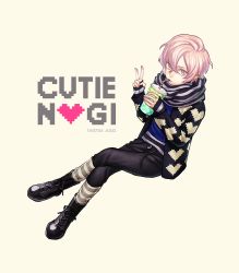 Rule 34 | 10s, 1boy, agg (artist), agg (yes agg), artist name, boots, character name, crossed legs, dated, drinking, drinking straw, full body, grey eyes, jacket, kneehighs, long sleeves, male focus, mikado nagi, pink hair, scarf, short hair, simple background, socks, solo, striped clothes, striped socks, uta no prince-sama, v