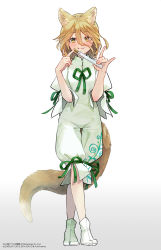 Rule 34 | 1girl, :3, animal ears, blonde hair, blush, bobby socks, bow, cork, eyes visible through hair, fox ears, fox tail, gradient background, green bow, green neckwear, grey background, hair between eyes, hand up, jumpsuit, kudamaki tsukasa, looking at viewer, open mouth, short hair, short sleeves, smile, socks, solo, standing, syuri22, tail, test tube, touhou, touhou unreal mahjong, transparent background, white jumpsuit, white sleeves, white socks, yellow eyes