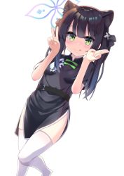 Rule 34 | 1girl, :p, animal ear fluff, animal ears, arms up, black dress, black hair, blue archive, blunt bangs, china dress, chinese clothes, double v, dress, furannsupaku, green eyes, highres, leg lift, long hair, resolution mismatch, short sleeves, shun (blue archive), shun (small) (blue archive), simple background, smile, solo, source larger, standing, standing on one leg, thighhighs, thighs, tiger ears, tiger girl, tongue, tongue out, twintails, v, white background, white thighhighs