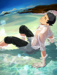 Rule 34 | 1boy, ace attorney, ayu161, black hair, black pants, collared shirt, day, dress shirt, closed eyes, foot out of frame, grin, highres, male focus, ryunosuke naruhodo, outdoors, pants, pants rolled up, partially submerged, shirt, short hair, sleeves rolled up, smile, solo, the great ace attorney, the great ace attorney: adventures, water, wet, wet clothes, wet face, wet shirt, white shirt