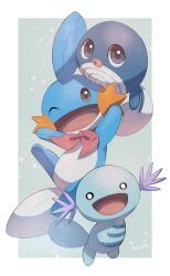 Rule 34 | absurdres, border, creatures (company), game freak, gen 1 pokemon, gen 2 pokemon, gen 3 pokemon, highres, looking at viewer, mudkip, neckerchief, nintendo, no humans, nullma, one eye closed, open mouth, pokemon, pokemon (creature), poliwag, red neckerchief, simple background, white border, wooper