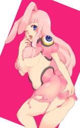 Rule 34 | 1girl, animal ears, blue eyes, blush, breasts, finger in own mouth, large breasts, long hair, mechi, melona (queen&#039;s blade), melona (queen's blade), midriff, monster girl, one eye closed, pink hair, prehensile hair, protean assassin melona, queen&#039;s blade, rabbit ears, revealing clothes, slime (substance), slime girl, solo, wink