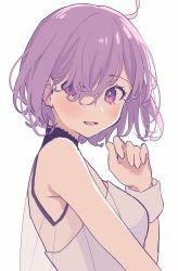 Rule 34 | 1girl, blush, breasts, dress, fate/grand order, fate (series), hair over one eye, highres, lq saku, mash kyrielight, mash kyrielight (under the same sky), official alternate costume, open mouth, purple eyes, purple hair, see-through, simple background, sleeveless, sleeveless dress, solo, upper body, white background, white dress