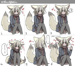 Rule 34 | 1girl, absurdres, alternate costume, animal ear fluff, animal ears, artist name, blush, bow, bowtie, brown scarf, clothes grab, contemporary, embarrassed, extra ears, fennec (kemono friends), fox ears, fox tail, heart, highres, jacket, kemono friends, long sleeves, looking at viewer, looking away, looking to the side, multiple views, pleated skirt, scarf, shio butter (obscurityonline), simple background, sitting, skirt, sleeve grab, smile, tail, tail wagging, thighhighs, translated, twitter username, white background