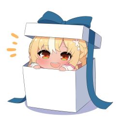 Rule 34 | 1girl, blonde hair, box, braid, chibi, commentary, dark-skinned female, dark skin, gift, gift box, hair ornament, hands up, hololive, in box, in container, long sleeves, looking at viewer, multicolored hair, no nose, open mouth, peeking out, pointy ears, round teeth, shiranui flare, smile, solo, streaked hair, teeth, twumi, upper teeth only, virtual youtuber