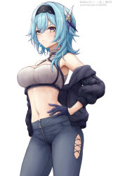 Rule 34 | 1girl, asymmetrical hair, black gloves, black hairband, blue hair, breasts, casual, closed mouth, clothing cutout, cowboy shot, denim, eula (genshin impact), genshin impact, gloves, hair ornament, hairband, hand on own hip, jeans, kinoko kun, large breasts, medium hair, navel, pants, simple background, solo, stomach, white background, yellow eyes