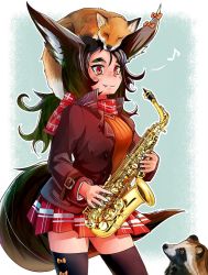Rule 34 | 1girl, animal, animal ears, animal on head, black jacket, black thighhighs, blue background, bow, brown hair, doitsuken, ear ribbon, fang, fang out, fox, fox ears, fox tail, holding, holding instrument, instrument, jacket, long hair, long sleeves, looking at viewer, musical note, on head, orange sweater, original, red eyes, red scarf, red skirt, ribbed sweater, saxophone, scarf, skirt, sleeping, smile, solo, spoken musical note, standing, sweater, tail, tanuki, thighhighs, zettai ryouiki