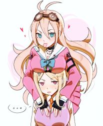 Rule 34 | ..., 2girls, akamatsu kaede, antenna hair, barbed wire, blonde hair, blue eyes, blush, breasts, choker, commentary, danganronpa (series), english commentary, fingerless gloves, gloves, goggles, goggles on head, hair between eyes, hair ornament, heart, highres, huyandere, iruma miu, large breasts, long hair, looking at viewer, multiple girls, musical note, musical note hair ornament, danganronpa v3: killing harmony, school uniform, serafuku, simple background, sweater vest, tongue, tongue out