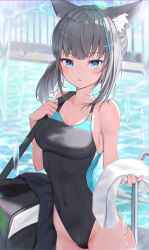 Rule 34 | 1girl, absurdres, animal ear fluff, animal ears, black one-piece swimsuit, blue archive, blue eyes, blush, breasts, collarbone, competition swimsuit, covered navel, cross hair ornament, extra ears, grey hair, hair ornament, halo, highres, holding, holding towel, looking at viewer, md5 mismatch, medium breasts, medium hair, multicolored clothes, multicolored swimsuit, official alternate costume, one-piece swimsuit, pool, resolution mismatch, shiroko (blue archive), shiroko (swimsuit) (blue archive), solo, source smaller, swimsuit, three twosix, towel