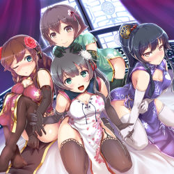 Rule 34 | 10s, 4girls, :d, agano (kancolle), alternate costume, black gloves, black hair, black legwear, braid, breasts, brown eyes, brown hair, china dress, chinese clothes, cleavage, dress, elbow gloves, from above, gloves, green eyes, hair ornament, hands on another&#039;s head, hi-ho-, image sample, kantai collection, kneeling, knees to chest, large breasts, leaning forward, long hair, looking at viewer, multiple girls, no panties, noshiro (kancolle), one eye closed, open mouth, pelvic curtain, ponytail, sakawa (kancolle), short hair, side slit, sidelocks, sitting, smile, thighhighs, twin braids, twitter sample, white gloves, white legwear, yahagi (kancolle), yokozuwari