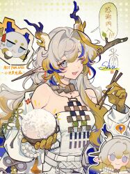 Rule 34 | 1girl, :3, arknights, bead bracelet, beads, blonde hair, blue eyes, blue hair, bowl, bracelet, chibi, chibi inset, chopsticks, colddddddd2, colored skin, dragon bubble (arknights), dragon girl, dragon horns, eyeshadow, grey hair, highres, holding, holding bowl, holding chopsticks, horns, jacket, jewelry, looking at viewer, makeup, multicolored hair, necklace, one eye closed, open mouth, pants, pointy ears, red eyeshadow, rice, shirt, shu (arknights), smile, solo, translation request, upper body, watermark, white jacket, white pants, white shirt, yellow skin