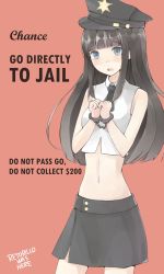 Rule 34 | 1girl, bad id, bad pixiv id, bare shoulders, black hair, blue eyes, board game, cuffs, english text, handcuffs, hat, highres, midriff, monopoly, navel, necktie, open mouth, parody, police hat, retorillo, skirt, tears