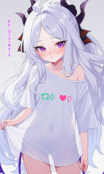 1girl absurdres ahoge blue_archive blush bottomless closed_mouth collarbone commentary covered_navel cowboy_shot demon_horns embarrassed flat_chest flying_sweatdrops forehead hair_intakes highres hina_(blue_archive) horns karaage_(xxxmido02) like_and_retweet long_hair oversized_clothes oversized_shirt purple_eyes see-through_clothes see-through_shirt shirt short_hair single_bare_shoulder single_off_shoulder slit_pupils solo translated twitter_strip_game very_long_hair white_hair white_shirt