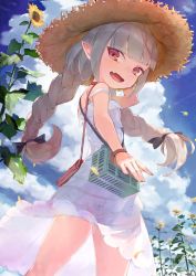 Rule 34 | 1girl, :d, bag, bare arms, bare shoulders, black bow, blue sky, blunt bangs, bow, bracelet, braid, choker, cloud, cloudy sky, cowboy shot, day, dress, facing away, fang, flower, from behind, grey hair, hair bow, hand on headwear, handbag, hat, highres, jewelry, long hair, looking at viewer, looking back, makaino ririmu, nijisanji, open mouth, pointy ears, red bag, red eyes, sidelocks, skin fang, sky, sleeveless, smile, strap slip, straw hat, sundress, sunflower, t6 ti, twin braids, virtual youtuber, white dress