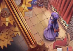 Rule 34 | 1girl, book, chair, crescent, from above, gears, hat, highres, kyoro1230, kyoro (asdfg-hjkl), long hair, looking up, patchouli knowledge, purple eyes, purple hair, purple hat, solo, touhou