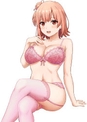 Rule 34 | 1girl, absurdres, blush, bow, bow bra, bra, breasts, cameltoe, cleavage, collarbone, crossed legs, garter belt, hair bun, hand on own chest, highres, inanaki shiki, invisible chair, lace, lace-trimmed bra, lace-trimmed thighhighs, lace trim, lingerie, looking at viewer, medium breasts, navel, open mouth, orange eyes, orange hair, panties, pink bra, pink panties, pink thighhighs, short hair, simple background, single hair bun, single side bun, sitting, smile, solo, thighhighs, thighs, underwear, underwear only, white background, yahari ore no seishun lovecome wa machigatteiru., yuigahama yui