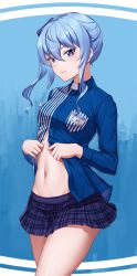 Rule 34 | 1girl, blue background, blue hair, blue shirt, blush, breast pocket, closed mouth, collared shirt, commentary request, cowboy shot, employee uniform, gradient background, hair between eyes, highres, hololive, hoshimachi suisei, jirofly, lawson, long hair, long sleeves, looking at viewer, miniskirt, navel, open clothes, open shirt, plaid, plaid skirt, pleated skirt, pocket, purple eyes, purple skirt, shirt, side ponytail, sidelocks, skirt, smile, solo, stomach, striped, thighs, undressing, uniform, vertical stripes, virtual youtuber